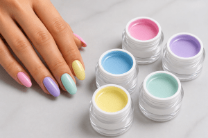 pastel colors on nails and in jars UV gel from CNC