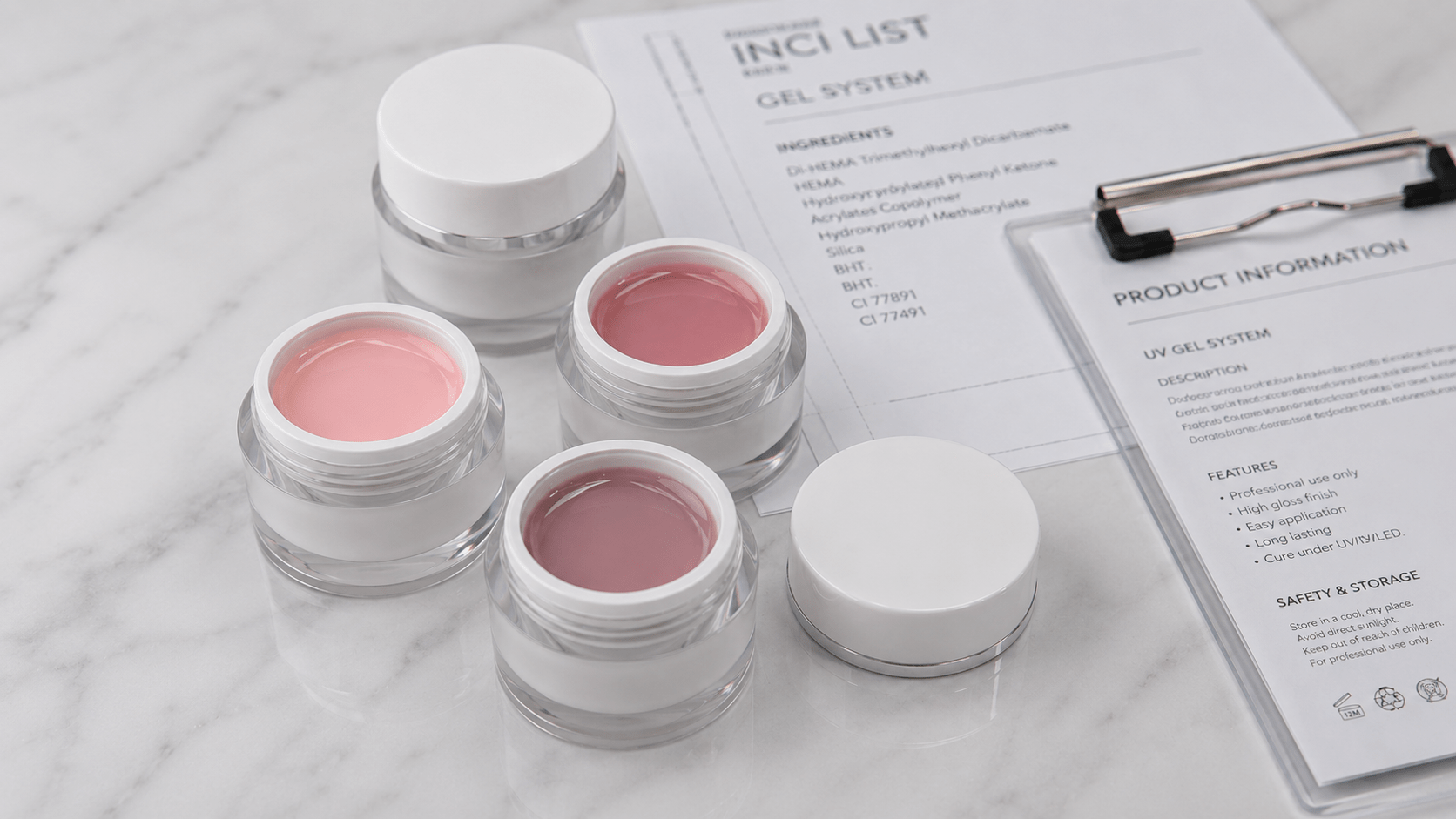UV gels in jars with important documentation for safe nail brands