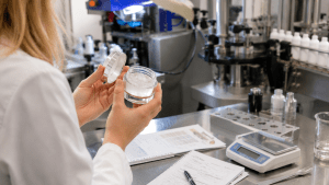 Product quality inspection of private label UV gel during manufacturing in European nail products factory CNC International